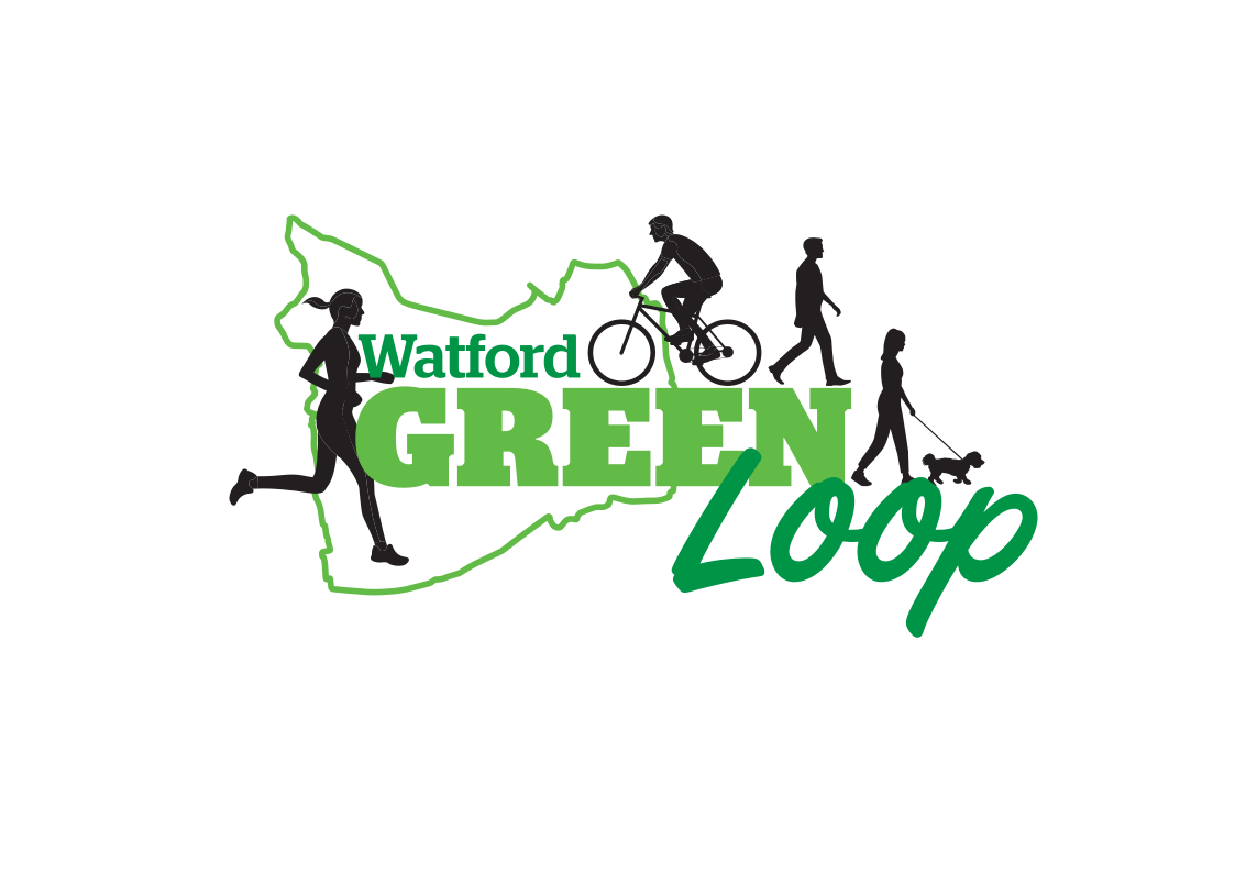 Logo for the Watford Green Loop consisting of green text over an outline of the route, with silhouettes of walkers, runners and cyclists.